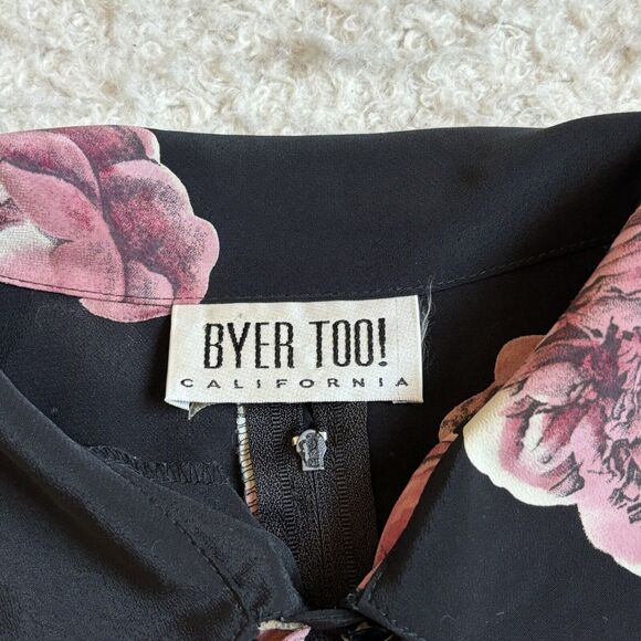 BYER TOO! Vintage 90s Black Floral Print Maxi Dress Empire Waist Key Hole Collar - Picture 8 of 11